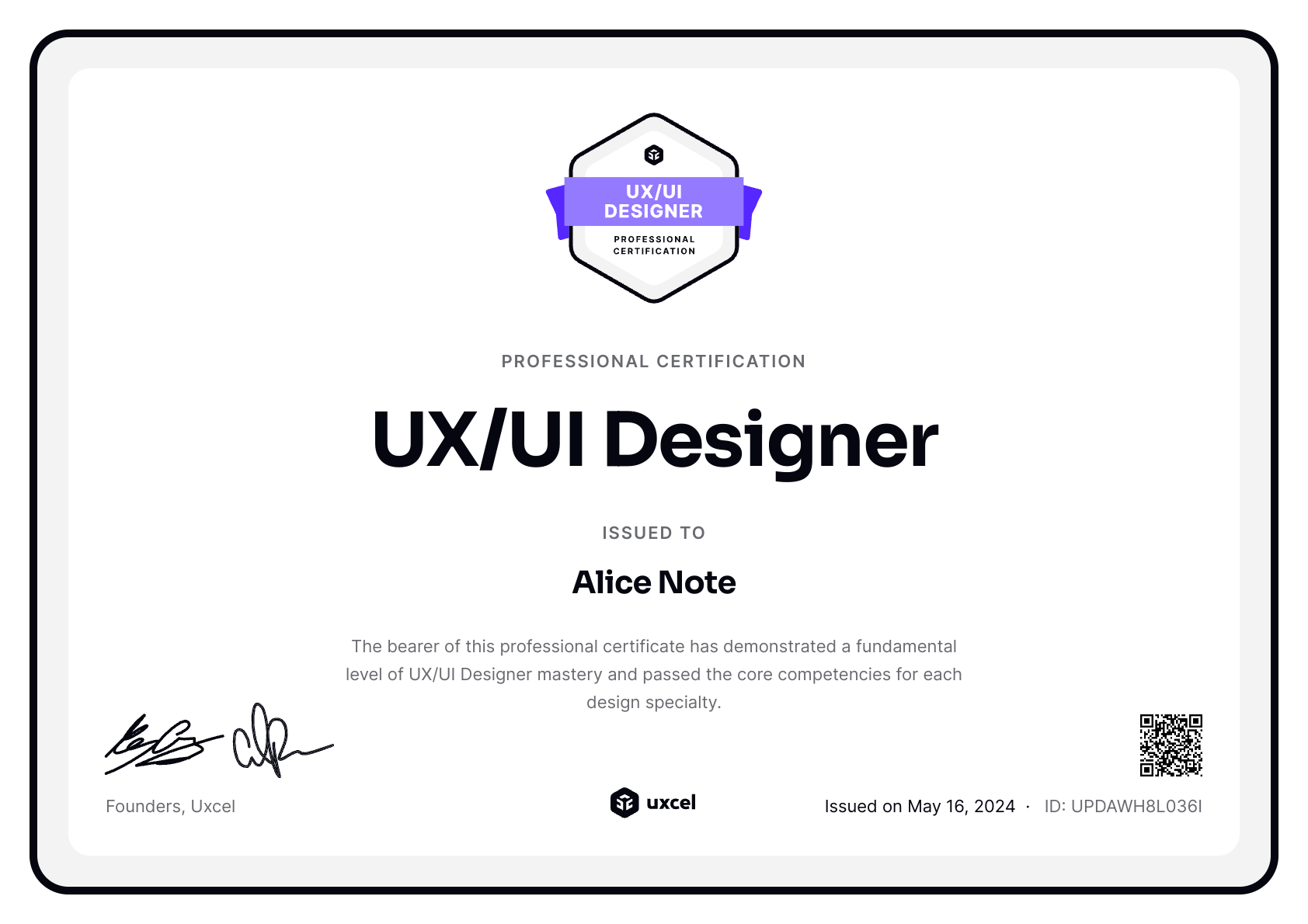 Alice Note's certificate